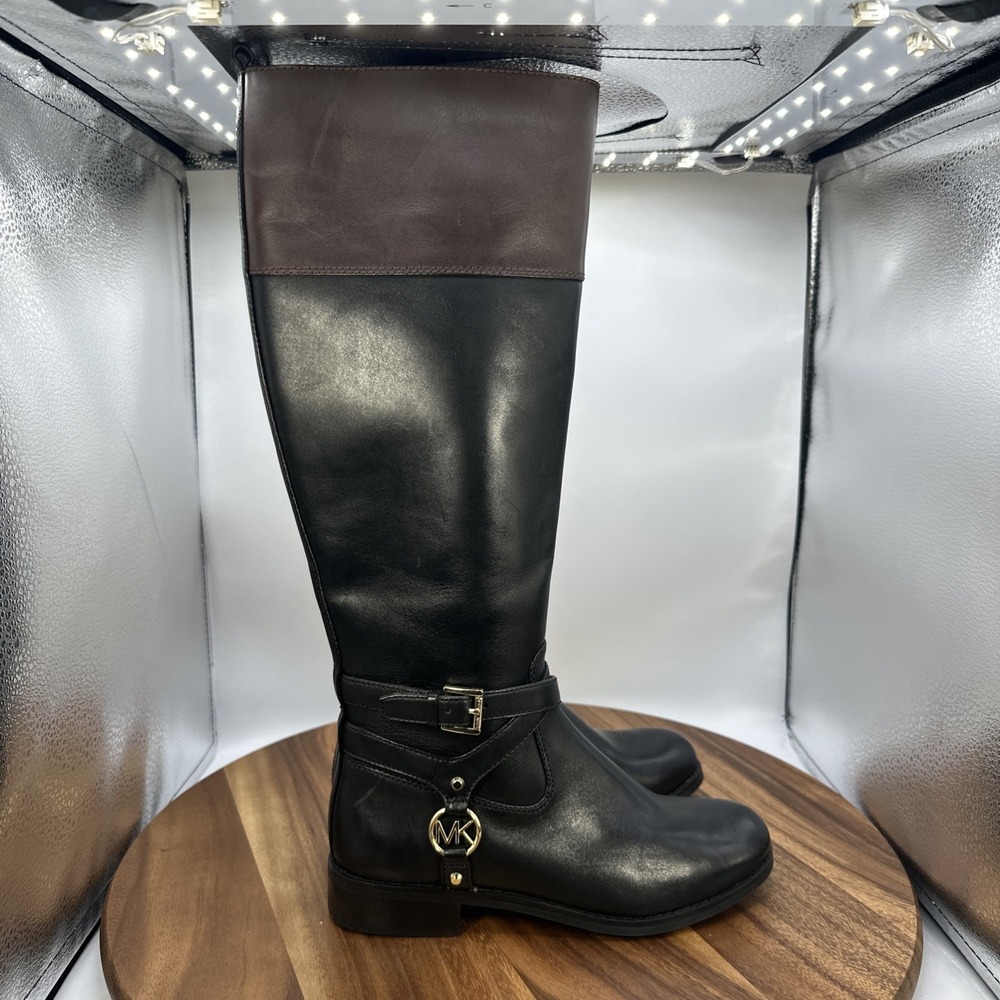 Michael Kors Preston Two Tone Leather Riding Boots Black Brown Women's 5.5M